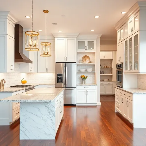 Modern Wellington kitchen remodel with sleek appliances, granite countertops, white cabinetry, and warm lighting details.