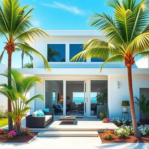 Modern coastal home in Briny Breezes, FL with blue and white accents, tropical landscaping, and inviting porch decor.