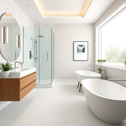 Modern renovated bathroom with marble shower, soaking tub, chrome fixtures, stylish tiles, and elegant decor.