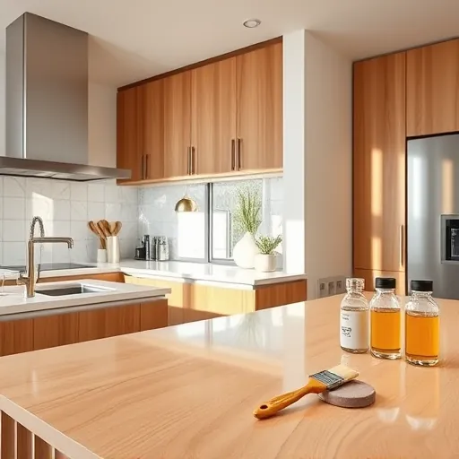 Refinished wooden cabinet with glossy smooth surface in a modern kitchen with tools and natural lighting