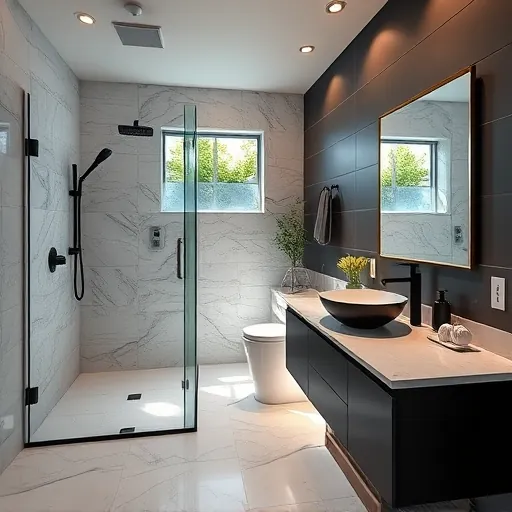 Remodeled Jensen Beach bathroom with matte black fixtures marble countertops walk-in shower coastal decor natural light