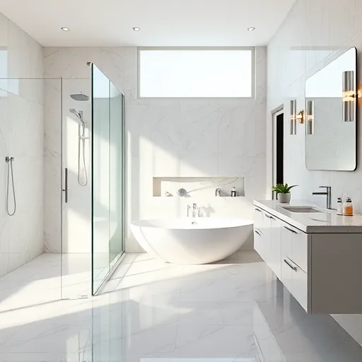 Renovated bathroom in Riviera Beach FL with modern fixtures, walk-in shower, freestanding tub, and elegant finishes.