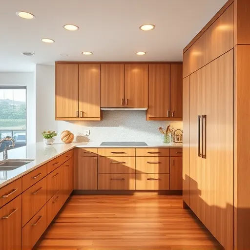 Refinished modern kitchen cabinets with polished wood finish, granite countertops, hardwood floors, and bright coastal ambiance in Riviera Beach Florida
