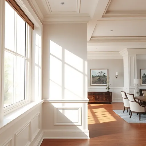 Close-up of expertly installed crown molding and baseboards in a modern upscale room showcasing craftsmanship and detailed woodwork