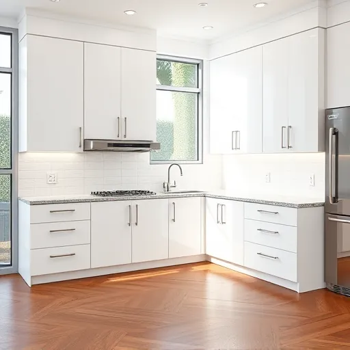 Modern white kitchen cabinets with granite countertops, stainless steel handles, and subway tile backsplash in a bright spacious Riviera Beach kitchen