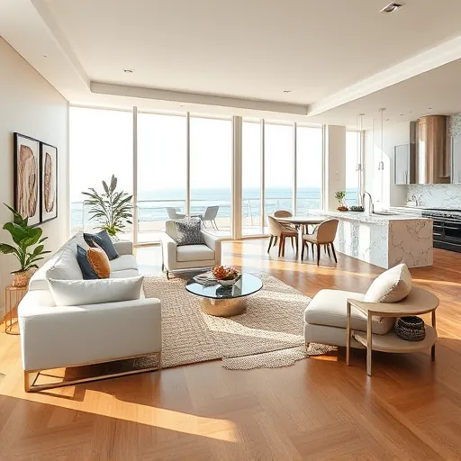 Remodeled living room in Highland Beach FL with modern decor, large windows, and coastal views featuring a kitchen.