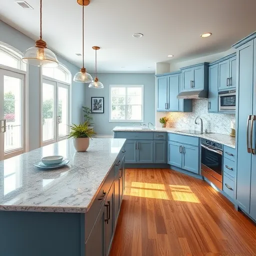 Modern kitchen remodel in Lake Clarke Shores, FL with sleek cabinetry, granite countertops, and elegant lighting.