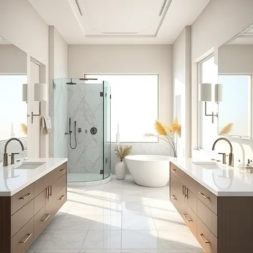 Modern remodeled bathroom in Haverhill FL with walk-in glass shower, freestanding tub, marble countertops, and natural lighting