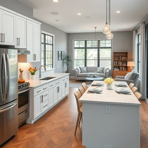 Modern kitchen remodel in Juno Ridge FL with quartz countertops, stainless steel appliances, and elegant dining area.