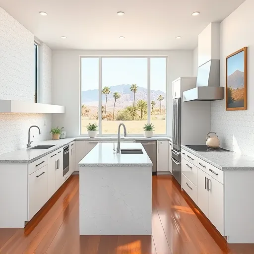 Modern Palm Springs kitchen remodel with white cabinetry, granite island, and scenic desert views, showcasing elegance and design.