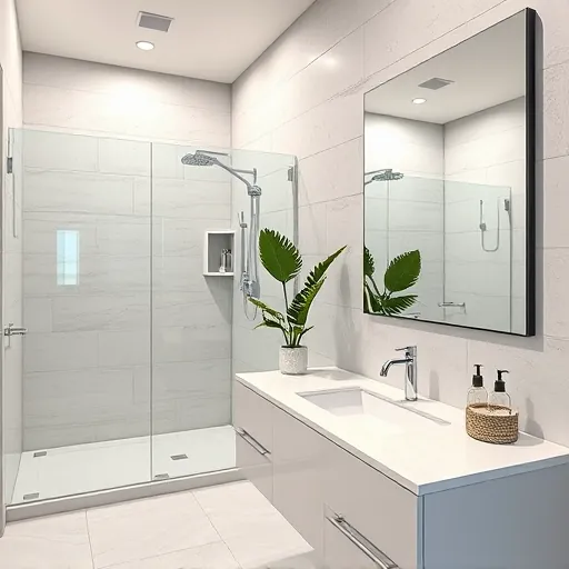 Remodeled Haverhill Florida bathroom with modern fixtures, walk-in shower, neutral tiles, floating vanity, and tropical plant