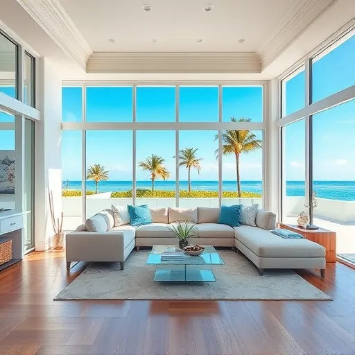 Stylish coastal living room in Singer Island FL featuring ocean blue decor, natural light, and modern furniture.