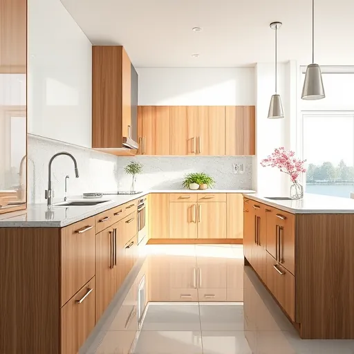 Renovated Riviera Beach kitchen with sleek wood veneer cabinets, granite countertops, natural light, pendant lighting, tiled floors, and coastal accents