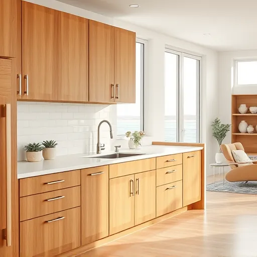 Freshly installed modern oak kitchen cabinets with quartz countertops, subway tile backsplash, stainless steel sink, coastal decor, and hardwood flooring