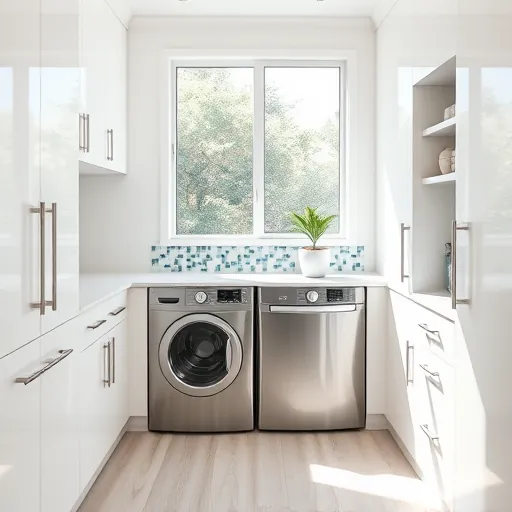 Remodeled Riviera Beach laundry room with white cabinets, stainless steel washer and dryer, marble countertop, and tropical mosaic backsplash