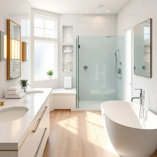 Beautiful remodeled North Palm Beach bathroom with marble countertops, glass shower, soaking tub, and elegant finishes