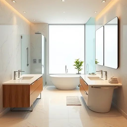 Remodeled modern bathroom in Mangonia Park FL with walk-in shower, marble tiles, freestanding tub, double sink vanity, and neutral tones