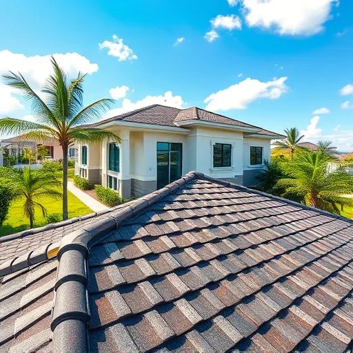 Freshly installed modern home roofing with detailed shingles, lush landscape, and coastal Florida setting under sunny sky