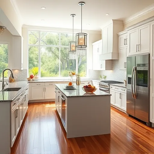 Stylish kitchen in Village of Golf, FL with stainless steel appliances, granite countertops, and polished hardwood floors.