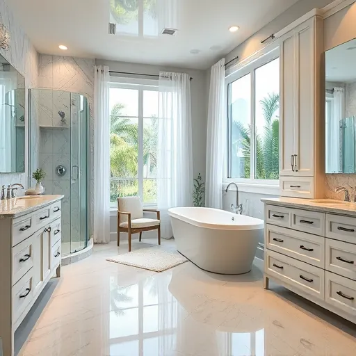 Remodeled Pahokee Florida bathroom with marble countertops, chrome fixtures, walk-in shower, freestanding tub, and tropical view