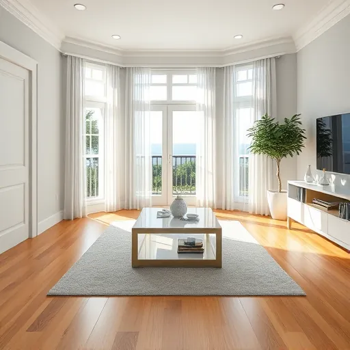 Modern Riviera Beach living room with light gray walls white crown molding hardwood floors and natural daylight
