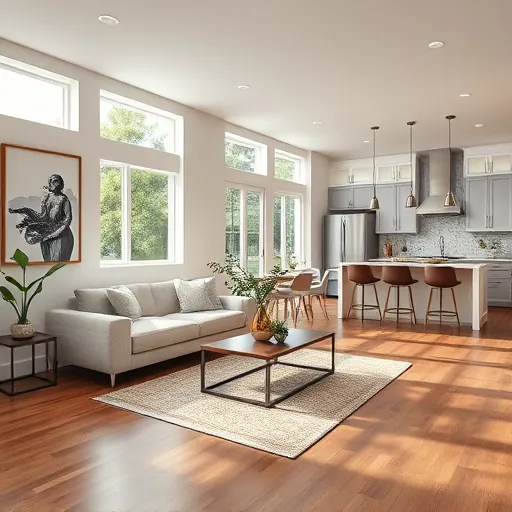 Elegant Boca Raton living room with sleek hardwood floors, large windows, and modern kitchen showcasing stylish decor.