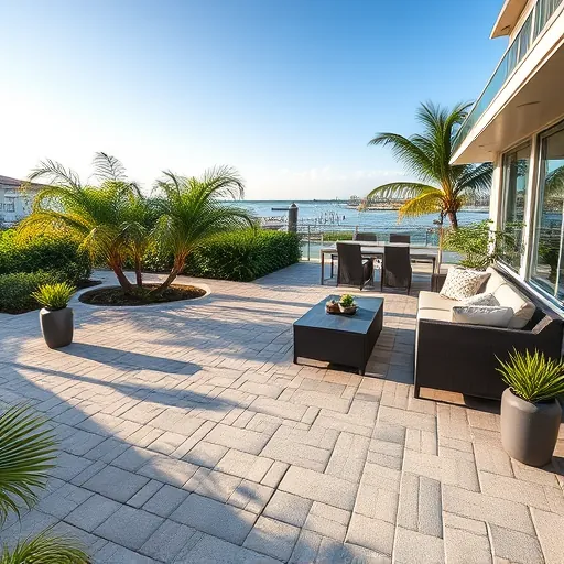 Finished Riviera Beach outdoor patio with stylish pavers, modern furniture, lush tropical plants, and waterfront view showcasing quality craftsmanship