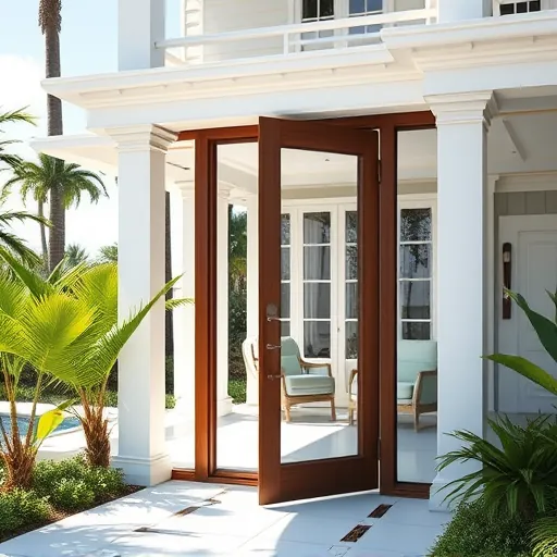 Hurricane impact door installed in a modern coastal home in Riviera Beach Florida with tropical landscaping and maritime décor