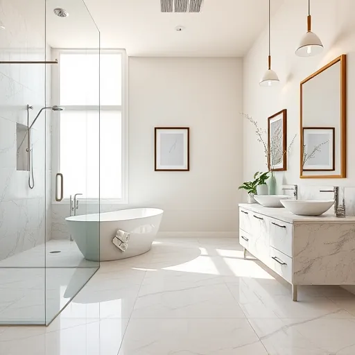 Beautiful renovated Juno Ridge bathroom with walk-in shower, soaking tub, double vanity, modern fixtures, and neutral colors
