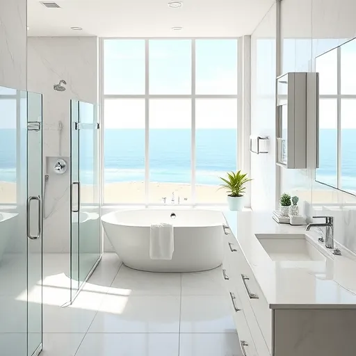Freshly remodeled bathroom in Riviera Beach FL with modern fixtures, marble countertops, and serene coastal views.