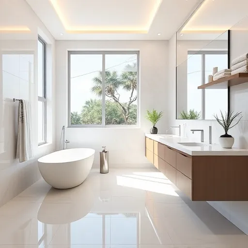 Modern Juno Beach bathroom with white freestanding tub, marble vanity, large window, polished porcelain tiles, and minimalist decor