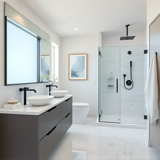 Renovated Palm Beach Shores bathroom with marble countertops, matte black fixtures, glass shower, and coastal decor