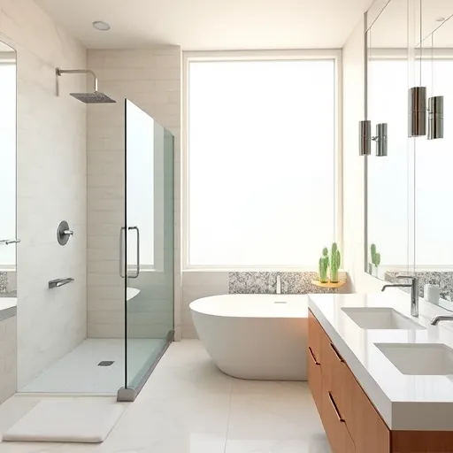 Renovated Canal Point Florida bathroom with modern fixtures, walk-in shower, freestanding tub, marble countertops and natural lighting