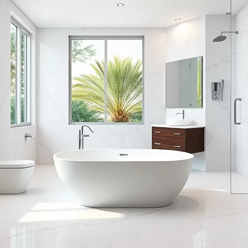 Renovated Boca Raton bathroom with white marble tiles, freestanding soaking tub, modern vanity, glass shower, and lush outdoor view
