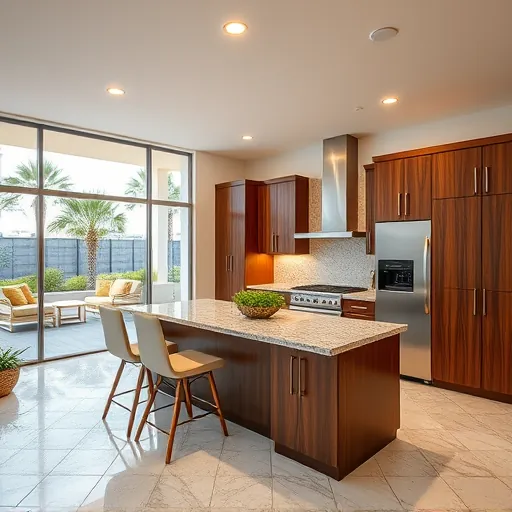 Modern kitchen remodel in Port Saint Lucie with elegant cabinetry, granite countertops, and natural light from large windows.
