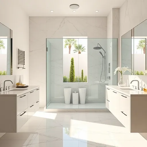 Renovated Palm Springs Florida bathroom with modern fixtures, walk-in glass shower, marble countertops, and natural light