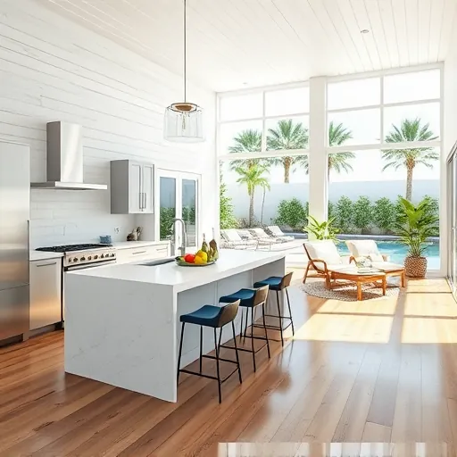 Remodeled living space in Boynton Beach with shiplap walls, wood flooring, modern kitchen, and tropical patio.