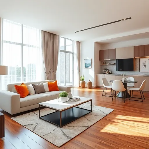 Modern living room in Manalapan, FL features stylish decor, hardwood flooring, and an elegant dining area.