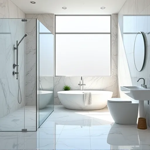 Renovated bathroom in Royal Palm Beach FL with modern fixtures, glass shower, freestanding tub, and natural light.
