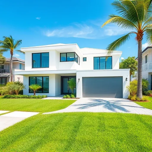 Newly built modern house in Riviera Beach Florida with large windows, tropical landscaping, and coastal nearby views