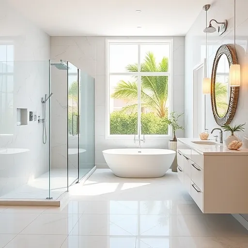 Recently remodeled Boynton Beach bathroom featuring a walk-in shower, freestanding tub, and coastal decor accents.
