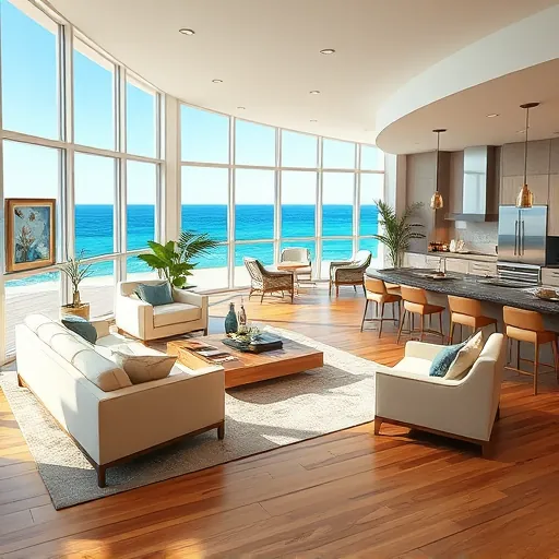 Elegant coastal living room in Ocean Ridge FL with floor-to-ceiling windows, modern furnishings, and ocean views.