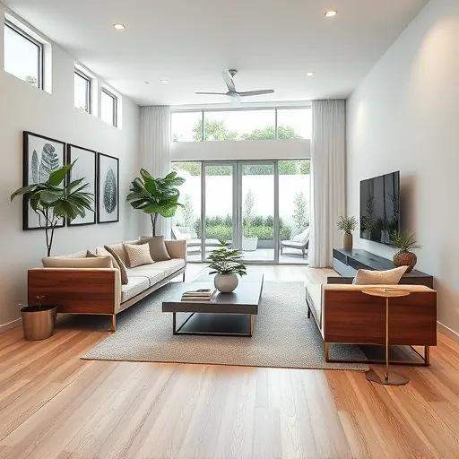 Modern living room in Lake Park FL with sleek design, neutral colors, wood furniture, and natural light from large windows.
