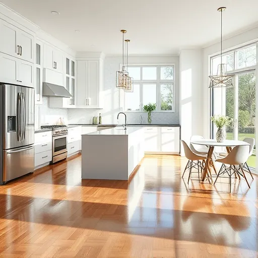 Modern kitchen in North Palm Beach featuring white cabinetry, quartz countertops, stainless steel appliances, and hardwood floors.
