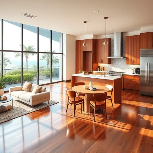 Modern open-concept kitchen and dining area in Jensen Beach with sleek design, high-end appliances, and natural light.