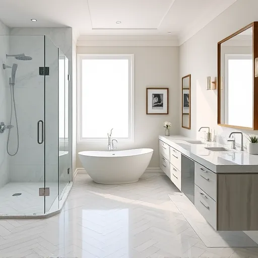 Renovated Lake Park FL bathroom with walk-in shower, soaking tub, marble vanity, herringbone marble floor and modern decor
