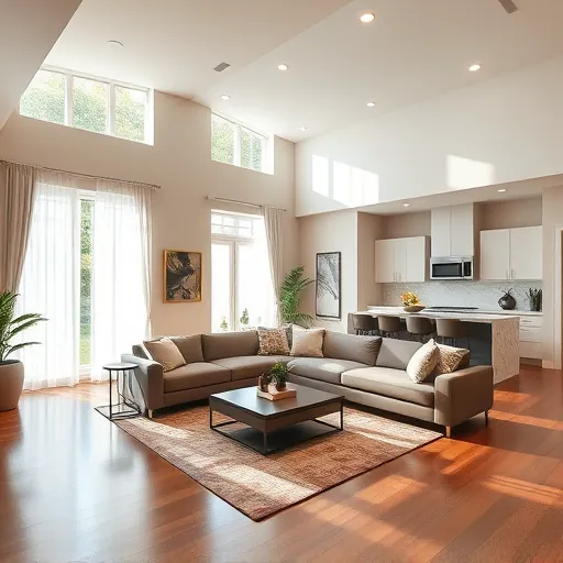 Elegant living room in Mangonia Park FL with high ceilings, hardwood floors, and chic decor showcasing modern luxury.