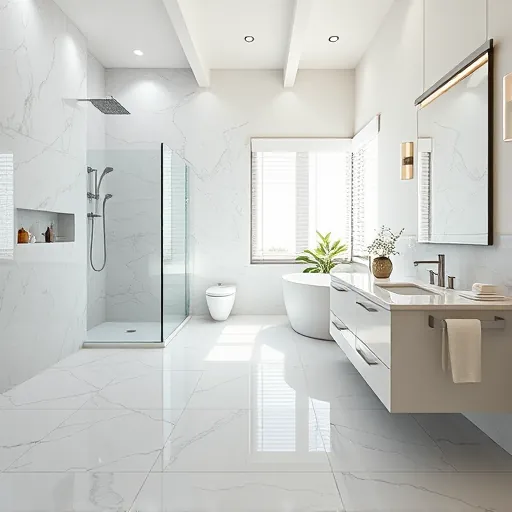 Freshly remodeled bathroom in Jupiter FL with modern fixtures, marble tiles, a walk-in shower, and stylish decor.