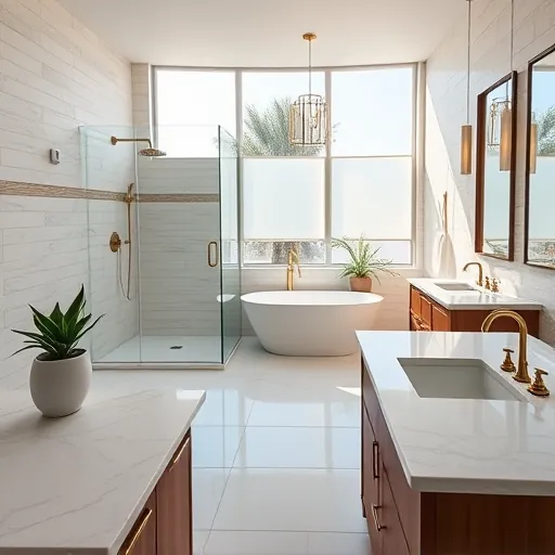 Remodeled Lake Harbor FL bathroom with modern fixtures, walk-in shower, soaking tub, marble counters, and natural light