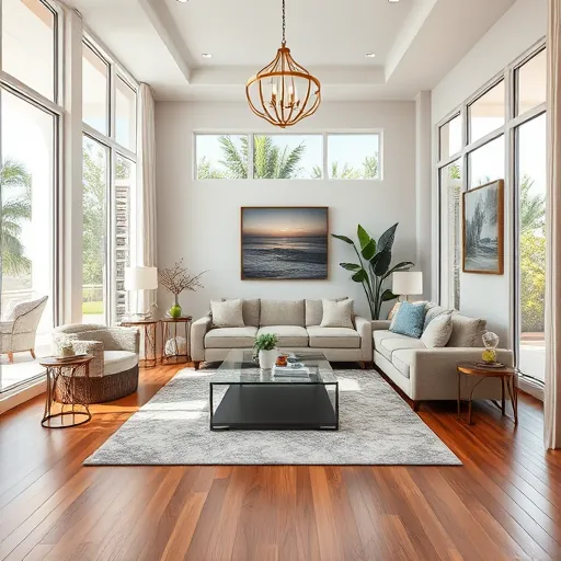 Remodeled living room in Delray Beach with large windows, hardwood floors, plush sofa, and elegant decor.